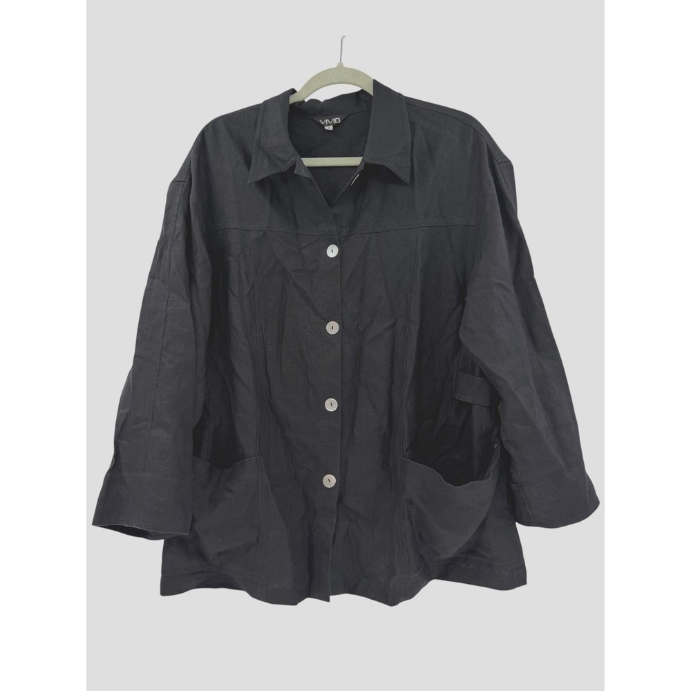 Vintage VIVID Black 100% Linen Oversized Lagenlook Jacket Small Pocket Button Up